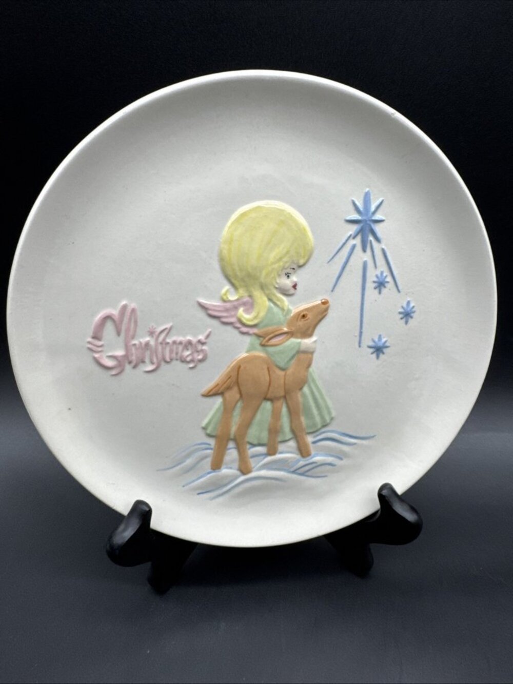 VTG Christmas 70’s Angel Deer Atomic Wall Cookie Plate Handpaint Ladybug Ceramic